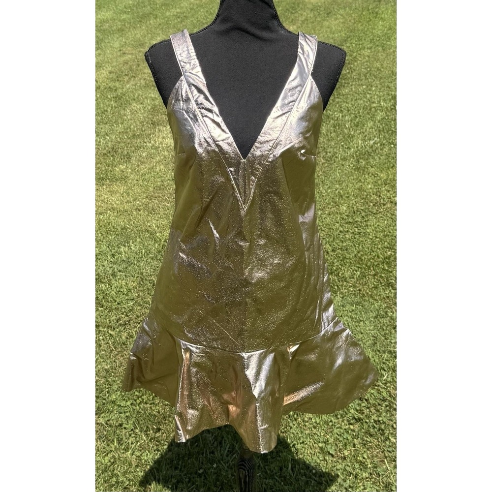 Mare Mare X Anthropologie Dress Womens XS Gold Metallic V Neck Mini Ruffle Hem